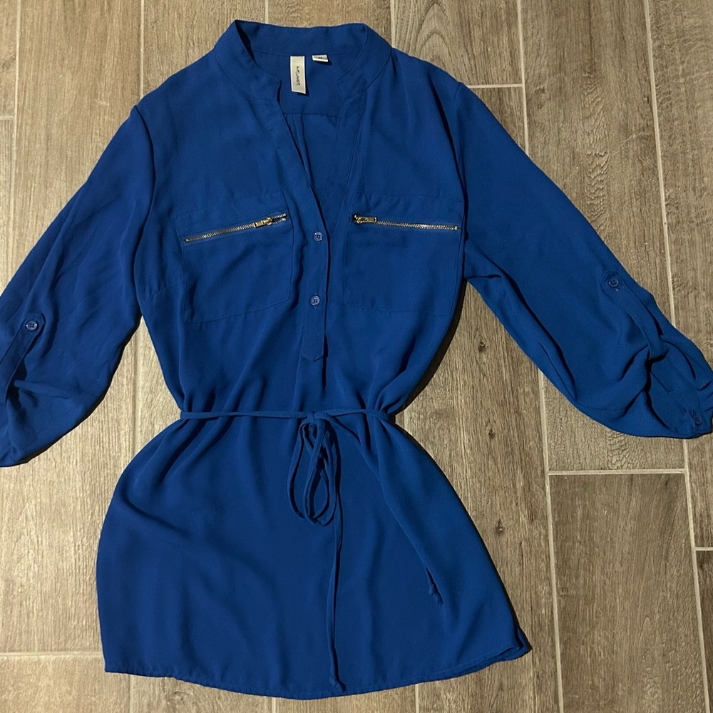 Tacera Royal Blue Long Sleeve Blouse with Zippered Pockets – Size M